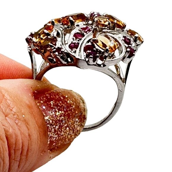 Yellow Citrine and Ruby Domed Sterling Silver Ring Size 7 - Picture 3 of 6